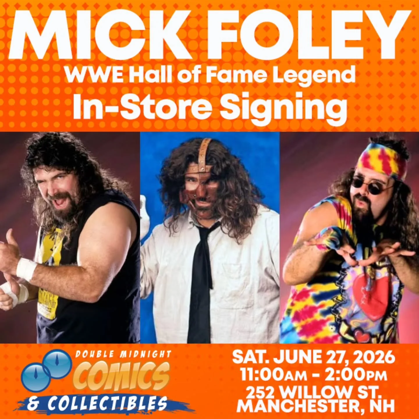 Save the date! Wrestling icon @realmickfoley will be making an appearance at the Manchester store June 27th! Mick will be signing and taking photos with fans between 11 and 2! Reserve your spot at dmcomics.com! #mickfoley #mankind #ʜᴀᴠᴇᴀɴɪᴄᴇᴅᴀʏ
