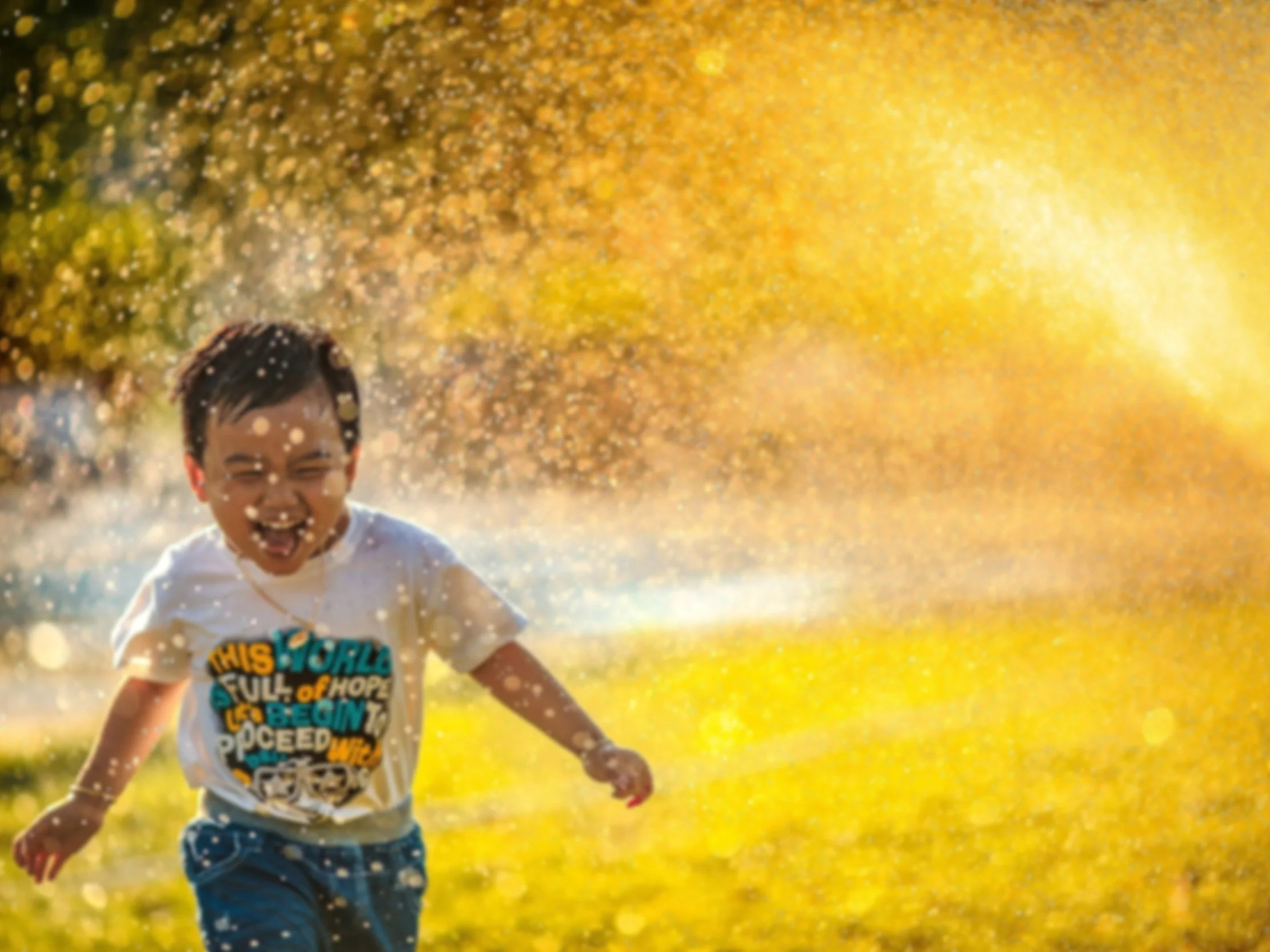 Young boy playing and running through a splash of water outside on a sunny day with trees and grass in the background.