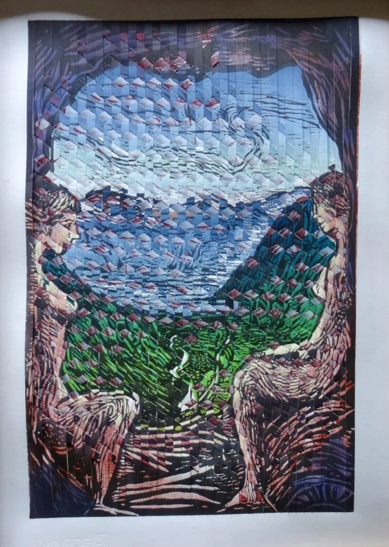 weaved woodcut print art depicting two figures facing each other with a tree and mountains and norwegian fjord with sky in the background.