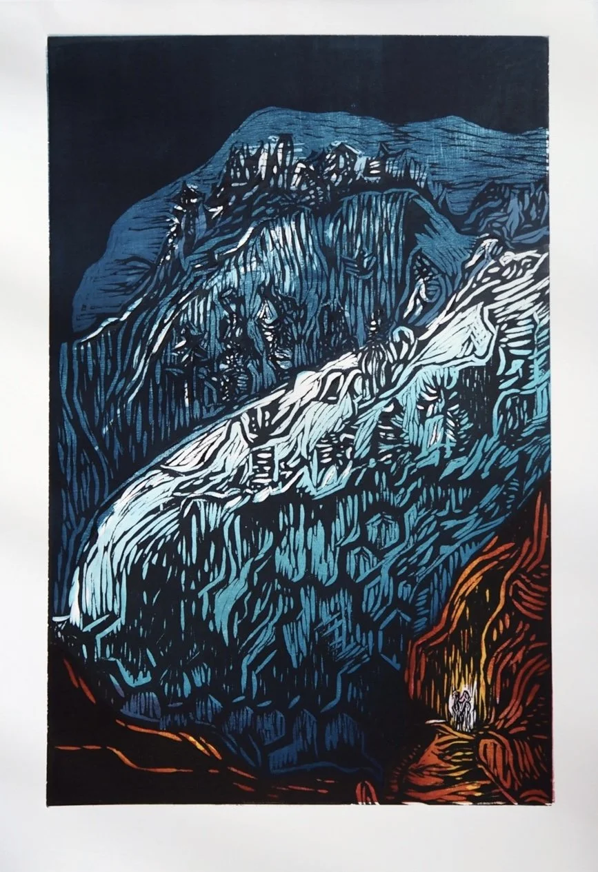 woodcut print fine art  of a blue winter mountain landscape with a waterfall and figures in a warmbrown cave with oxytocin molecule