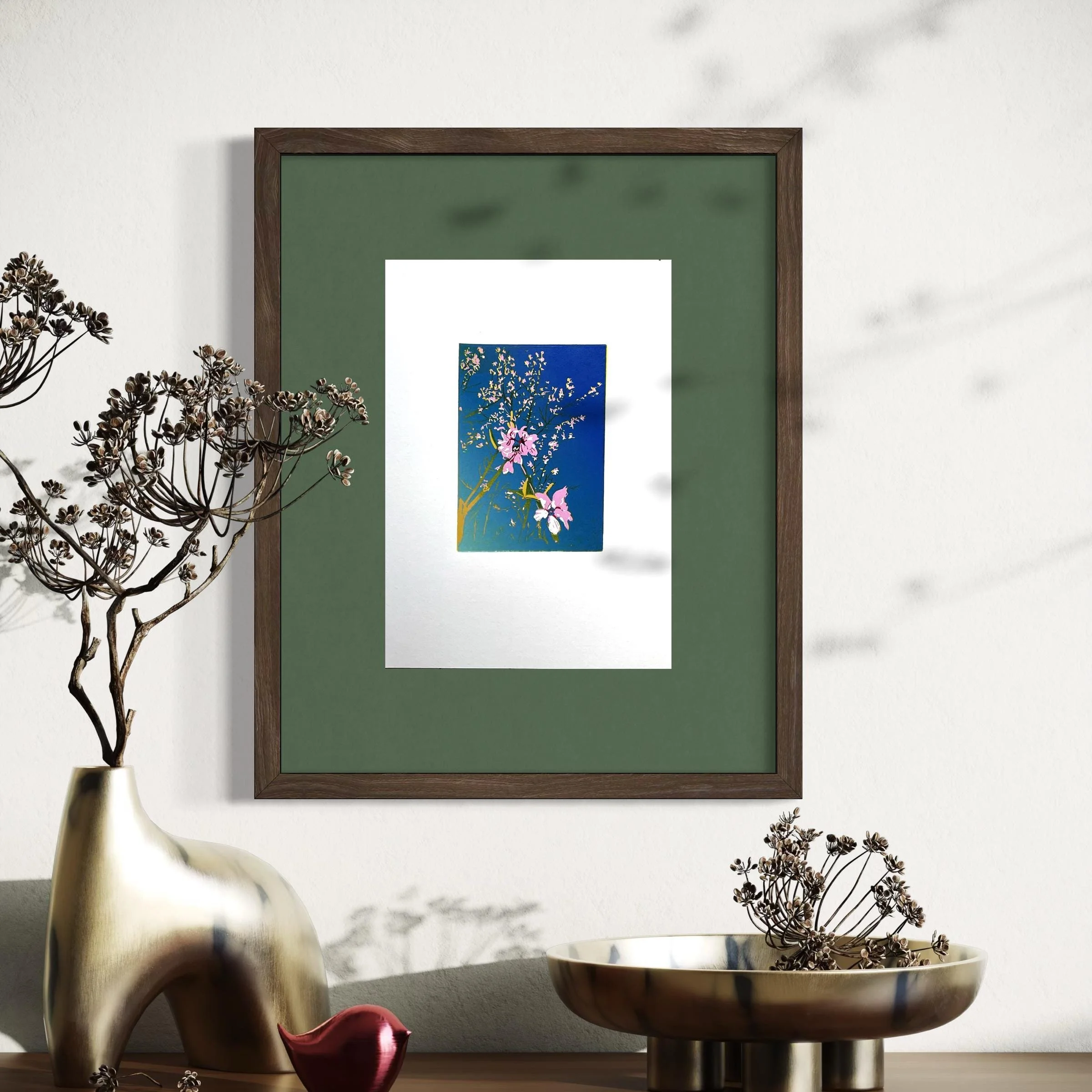 Almond blossom flower – handmade reduction linocut botanical print inspired by spring garden
