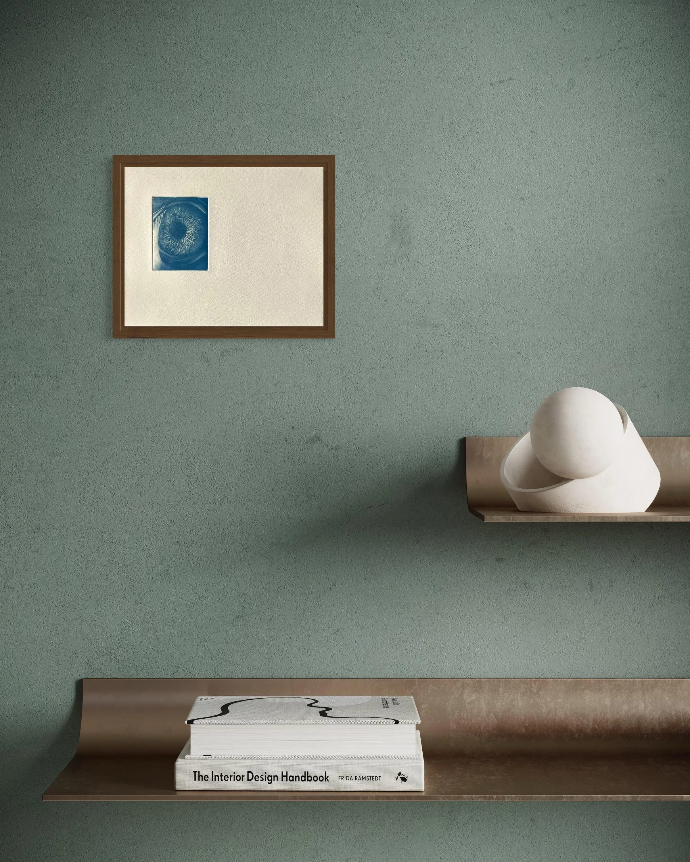 Blue handprinted mezzotint artwork depicting an anatomical eye, exploring the connection between daylight, perception, hormones, and circadian rhythms.
