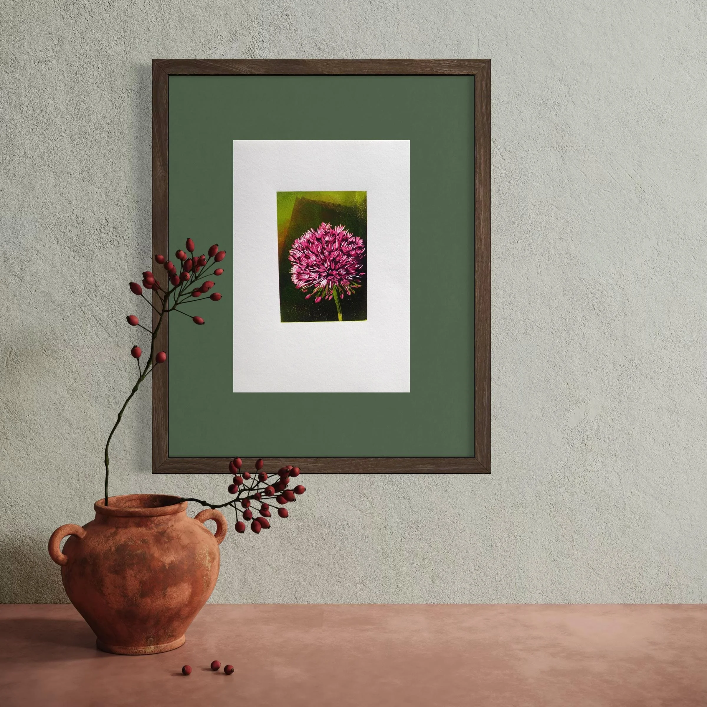 Allium onion flower – handmade pink and green reduction linocut print from the From Flower to Food series