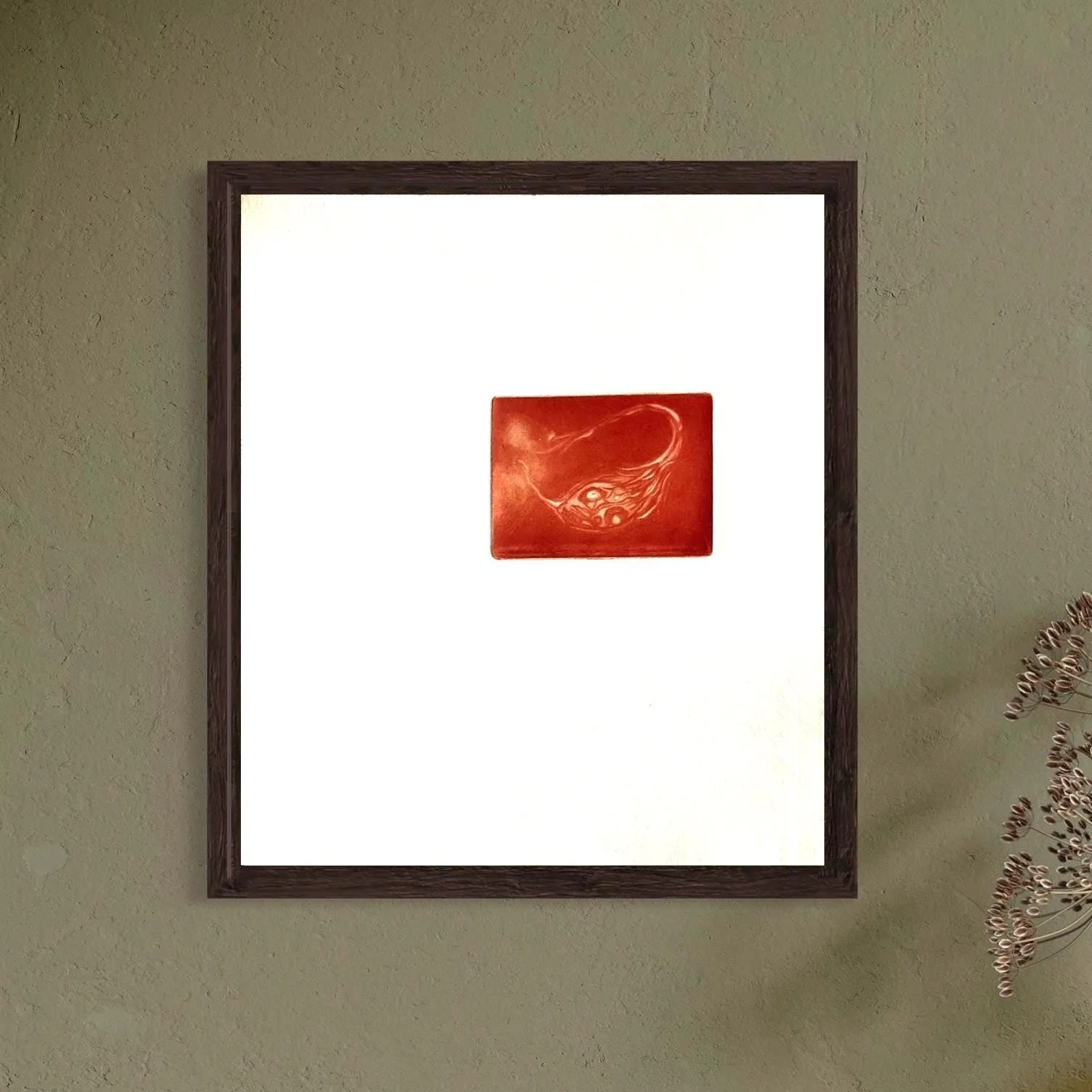 Handprinted red mezzotint artwork depicting an ovary as an anatomical and symbolic study of biological cycles and human rhythms.