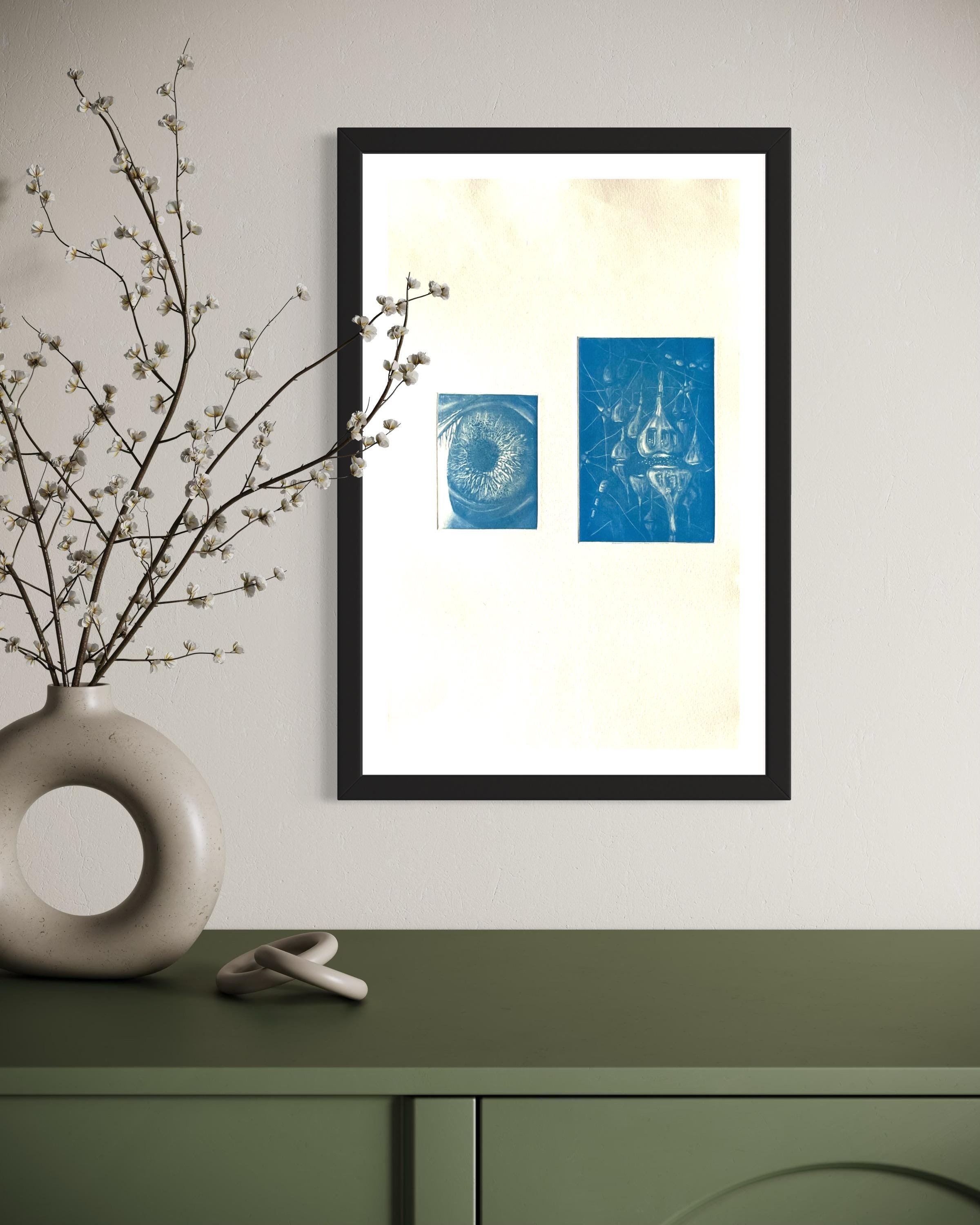 Original blue mezzotint artwork of an eye and brain neurons from the Circadian Rhythm series, exploring light, biology, and the connection between perception and the human body.