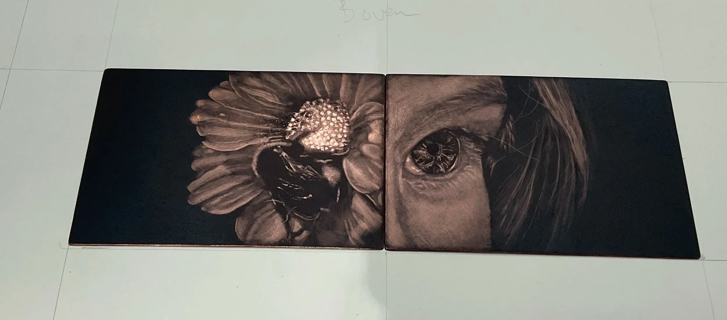 Mezzotint on copperplate , with a woman’s eye in the right panel and a flower with bumblebeee on the left panel.