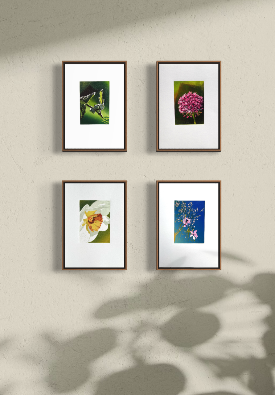 Four framed botanical prints on a beige wall, casting shadows.