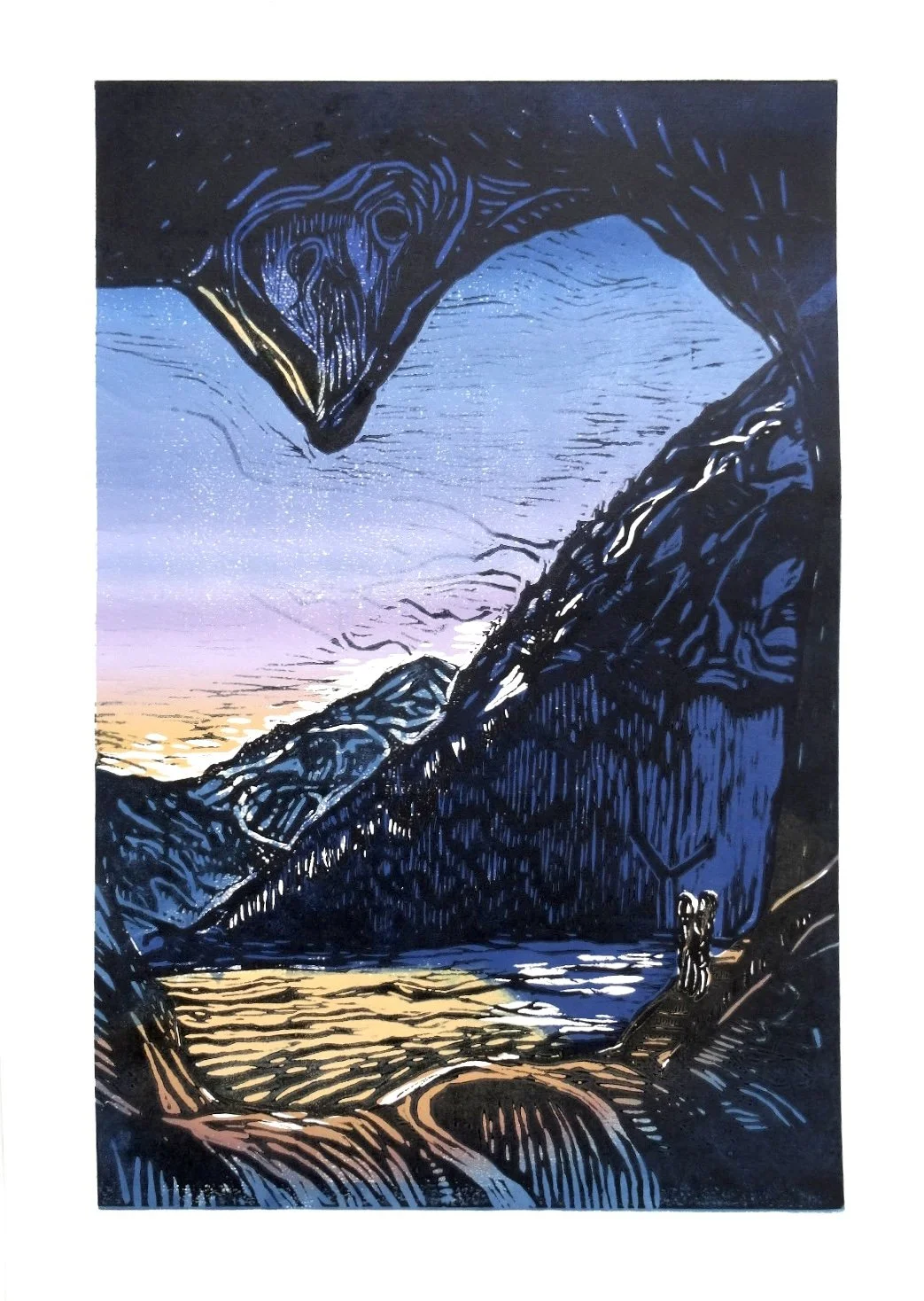 A stylized painting of a mountain landscape at sunset viewed through an arch-shaped opening, with a river flowing below and two hikers standing on the riverbank with the melatonin molecule