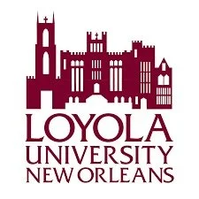 Illustration of Loyola University New Orleans campus buildings in dark red above the university name in matching color.