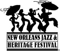 Silhouettes of five people dancing, holding umbrellas, with text that reads 'New Orleans Jazz & Heritage Festival'.