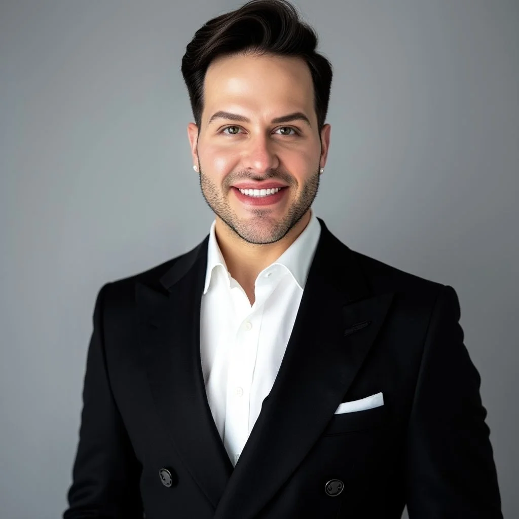 A smiling young man with dark hair and a beard, wearing a patterned shirt, leaning against a brick wall.