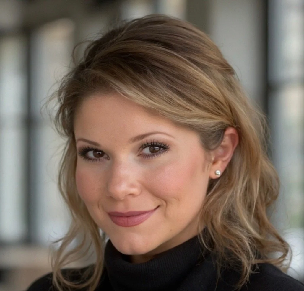 Close-up of a woman with light brown, wavy hair, fair skin, wearing makeup, smiling, with a blurred background.
