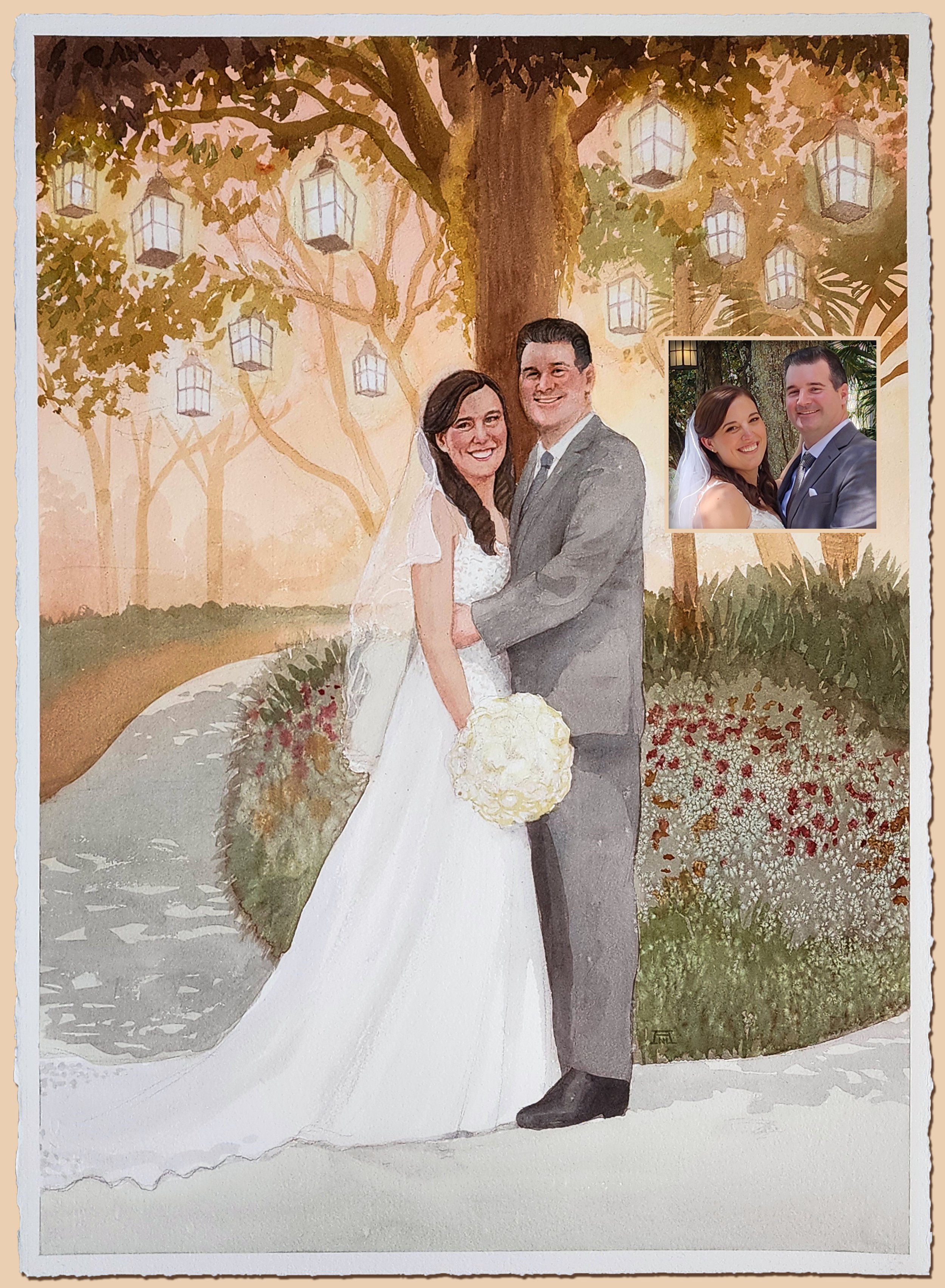 Live wedding painting in watercolor completed in Orlando, Florida. 
