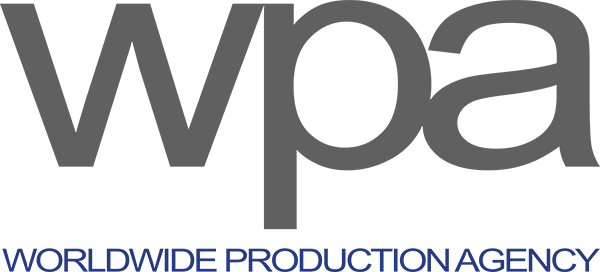 Close-up of a logo with the letters 'wpa' in large gray font and the words 'Worldwide Production Agency' in smaller blue font beneath.