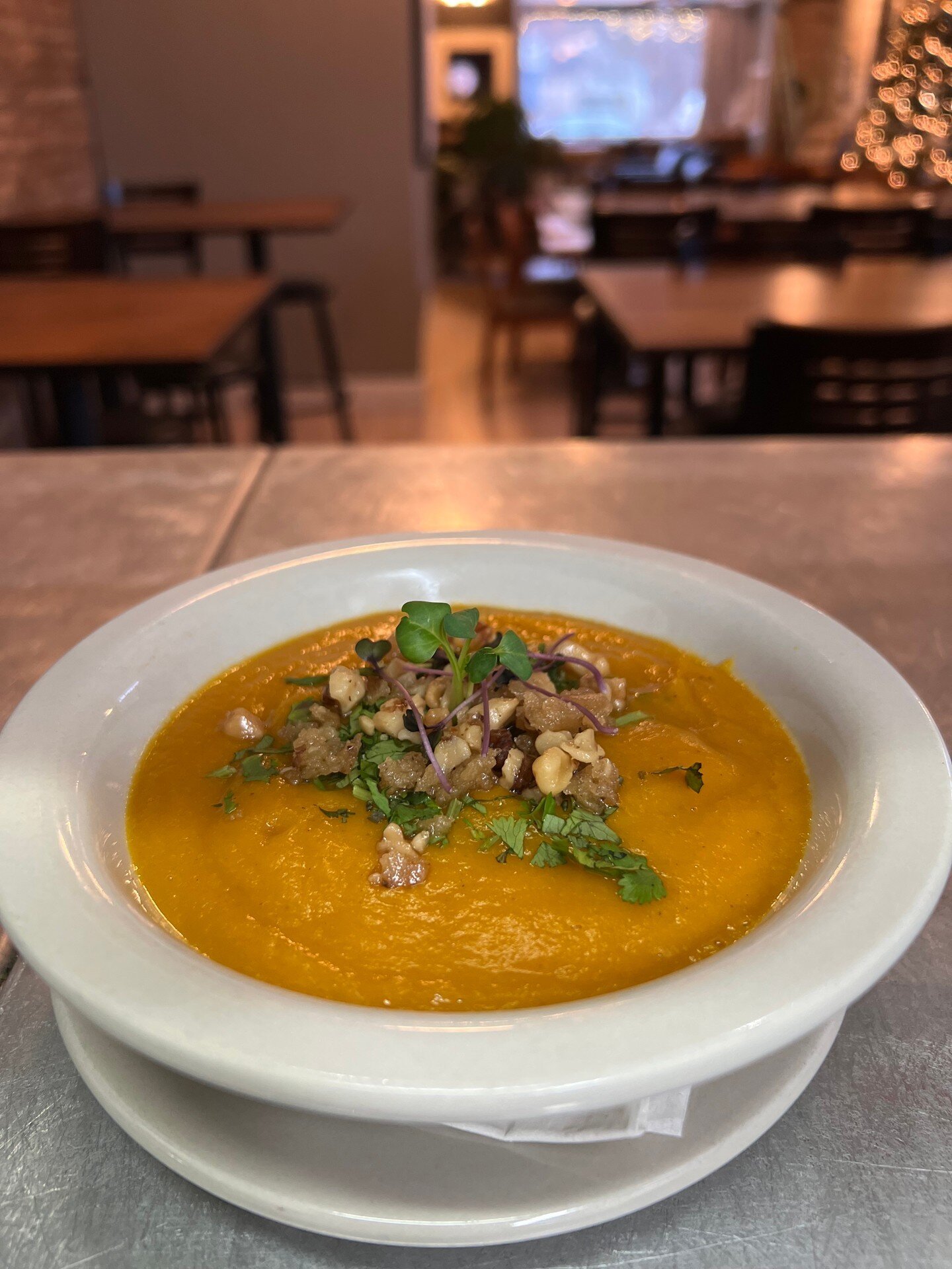 Come in and warm up with some delicious squash soup. 😋 🍲 
.
.
.
 #EatAtTinys #TinysCoffeeBar