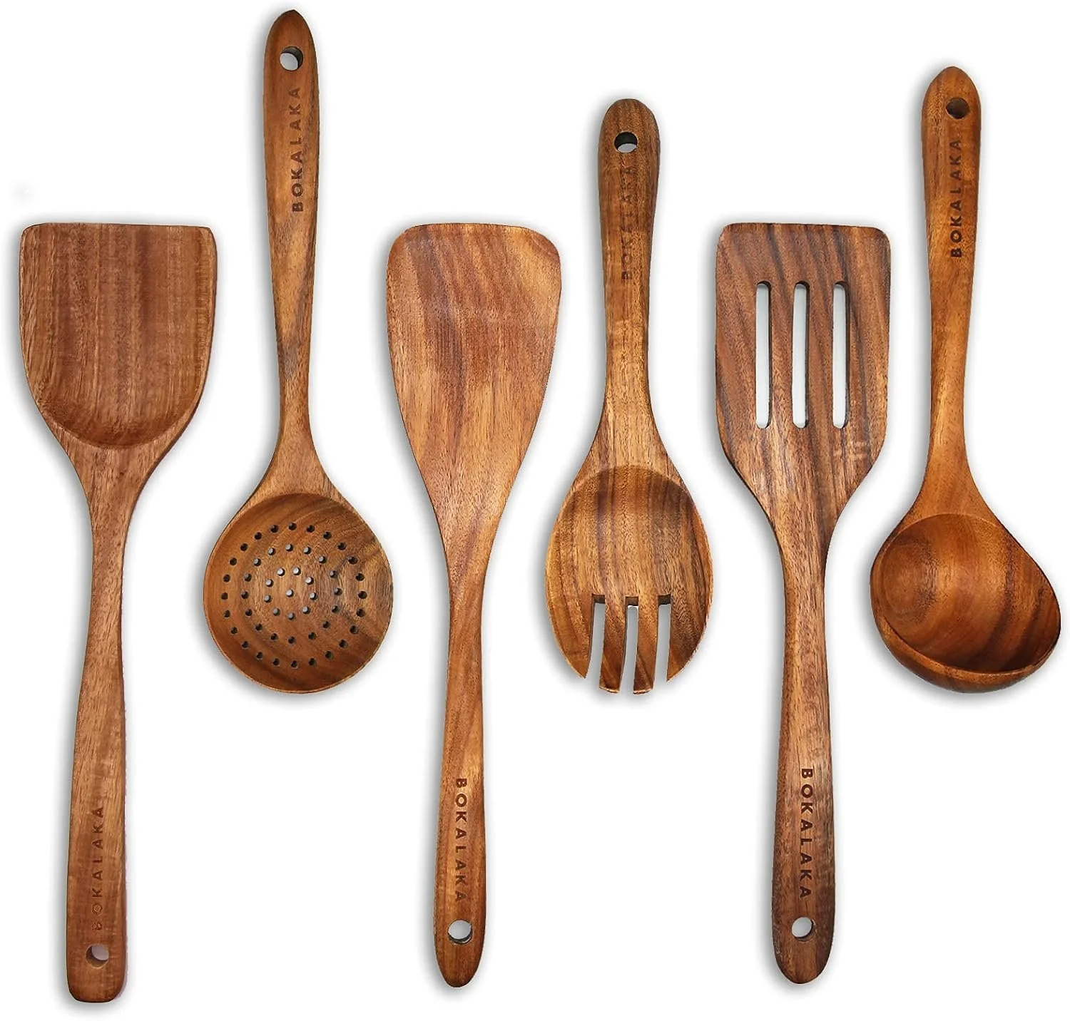Grey Wooden Kitchen Utensil Set, 6Pcs Wooden Cooking Utensils for Non-Stick Pan, 100% Natural Teak Wooden Spatula