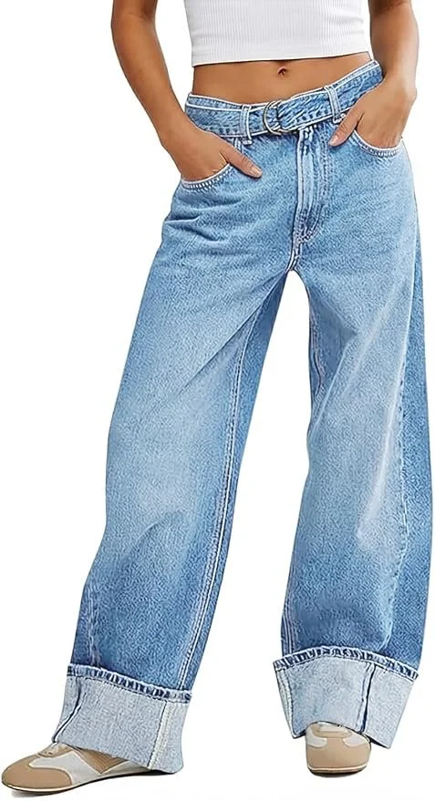 Tankaneo Womens Wide Leg Cuffed Jeans