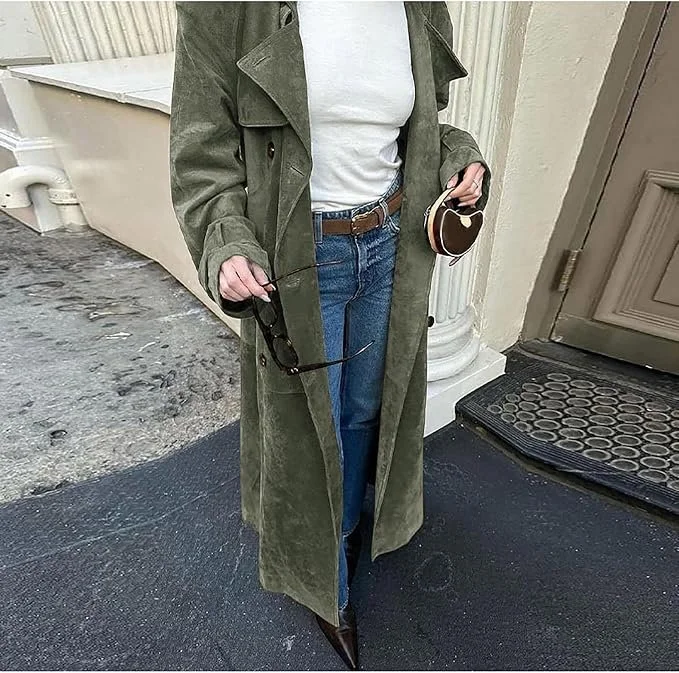 Faux Suede Long Trench Coat