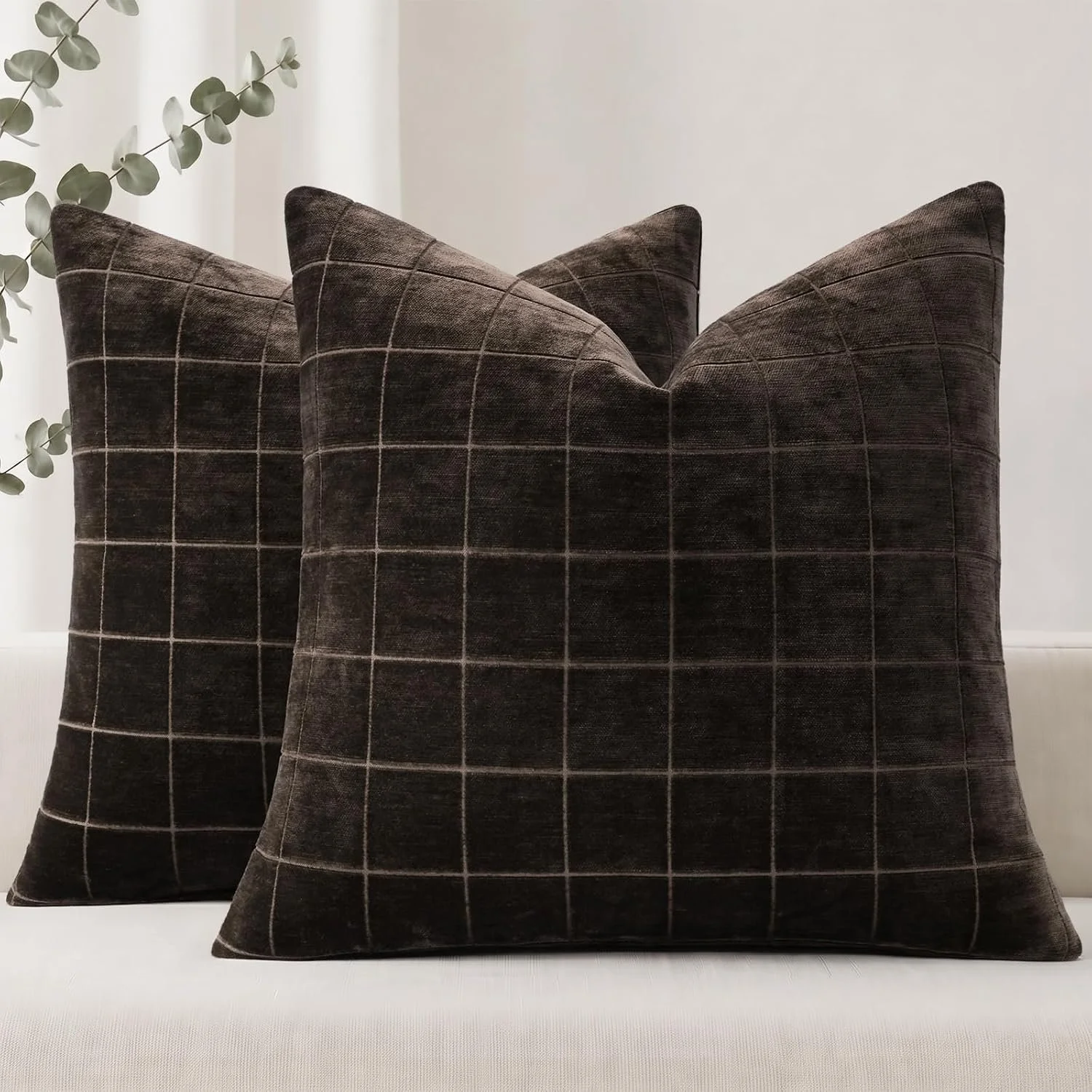 Fall Plaid Dark Brown Throw Pillow Covers