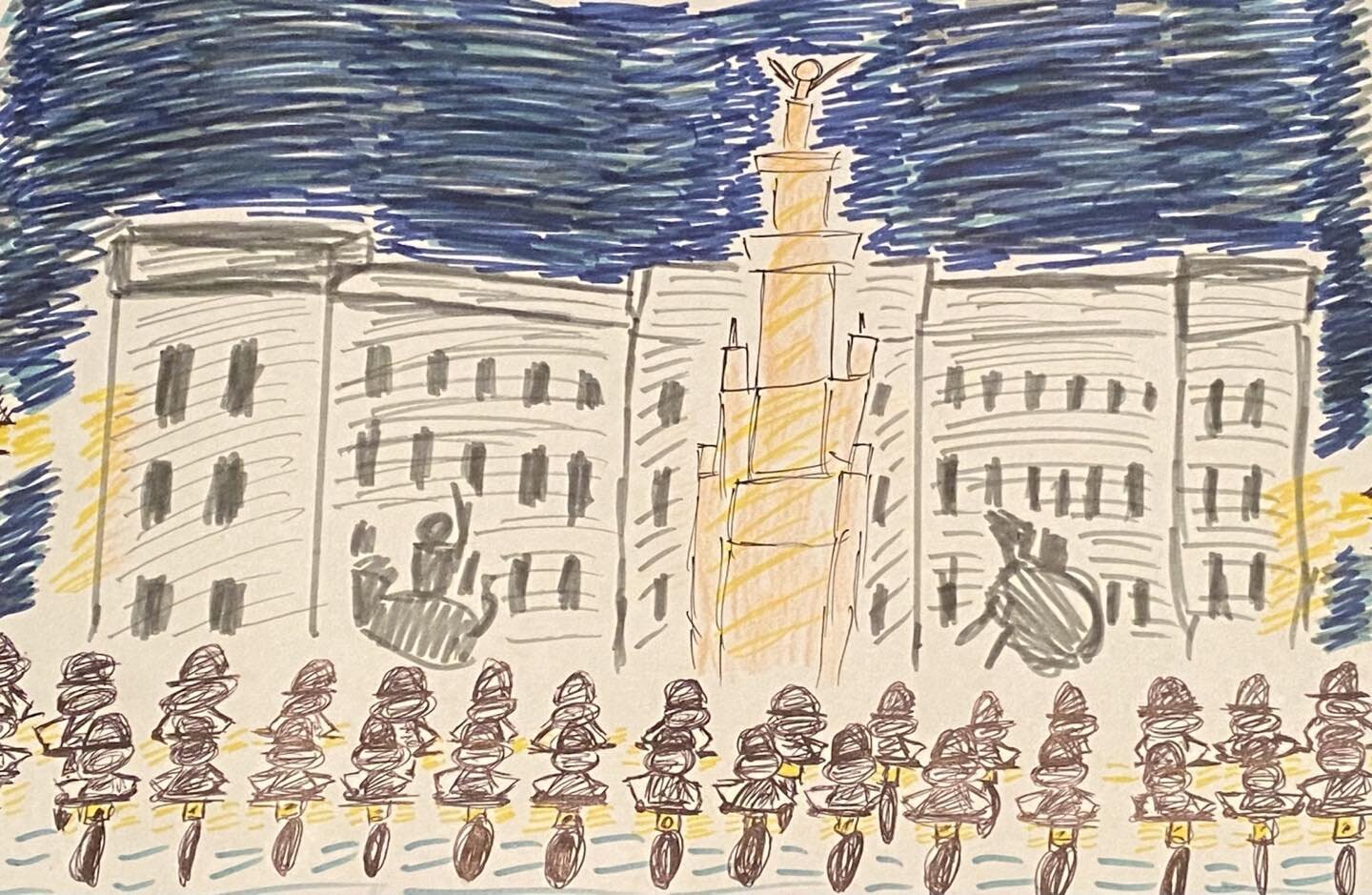 Buckingham Palace with Lamplighters on bicycles in front of it