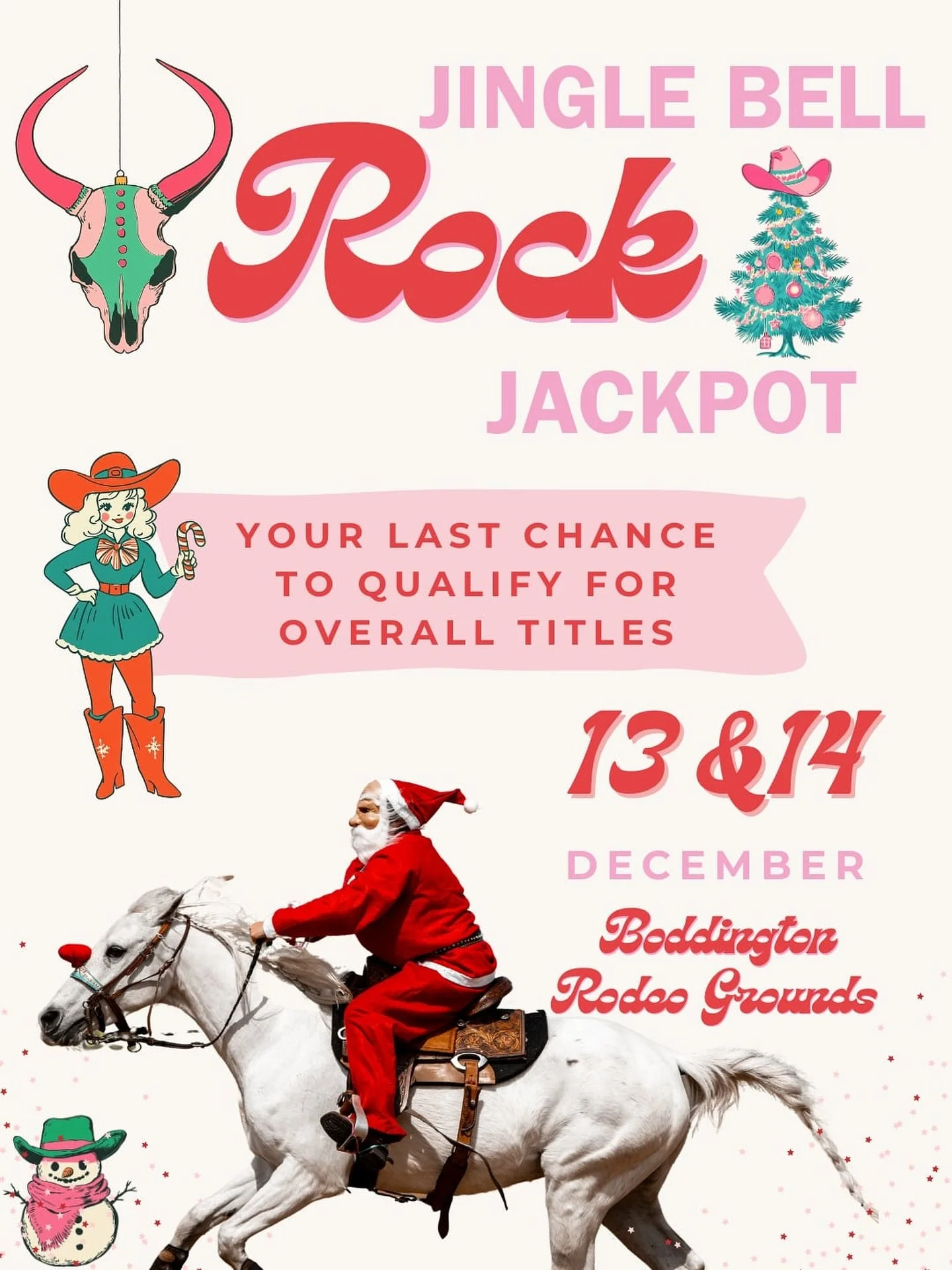Our final jackpot of the year is HERE! 🎄

Entries are open for our ever so festive Jingle Bell Rock Jackpot! 🥰

Fancy a turn and burn at the iconic Boddington Rodeo Grounds? Well now is your chance. 🙊

Events include 👇🏾👇🏾

Tiny Tots
Peewees
Ca
