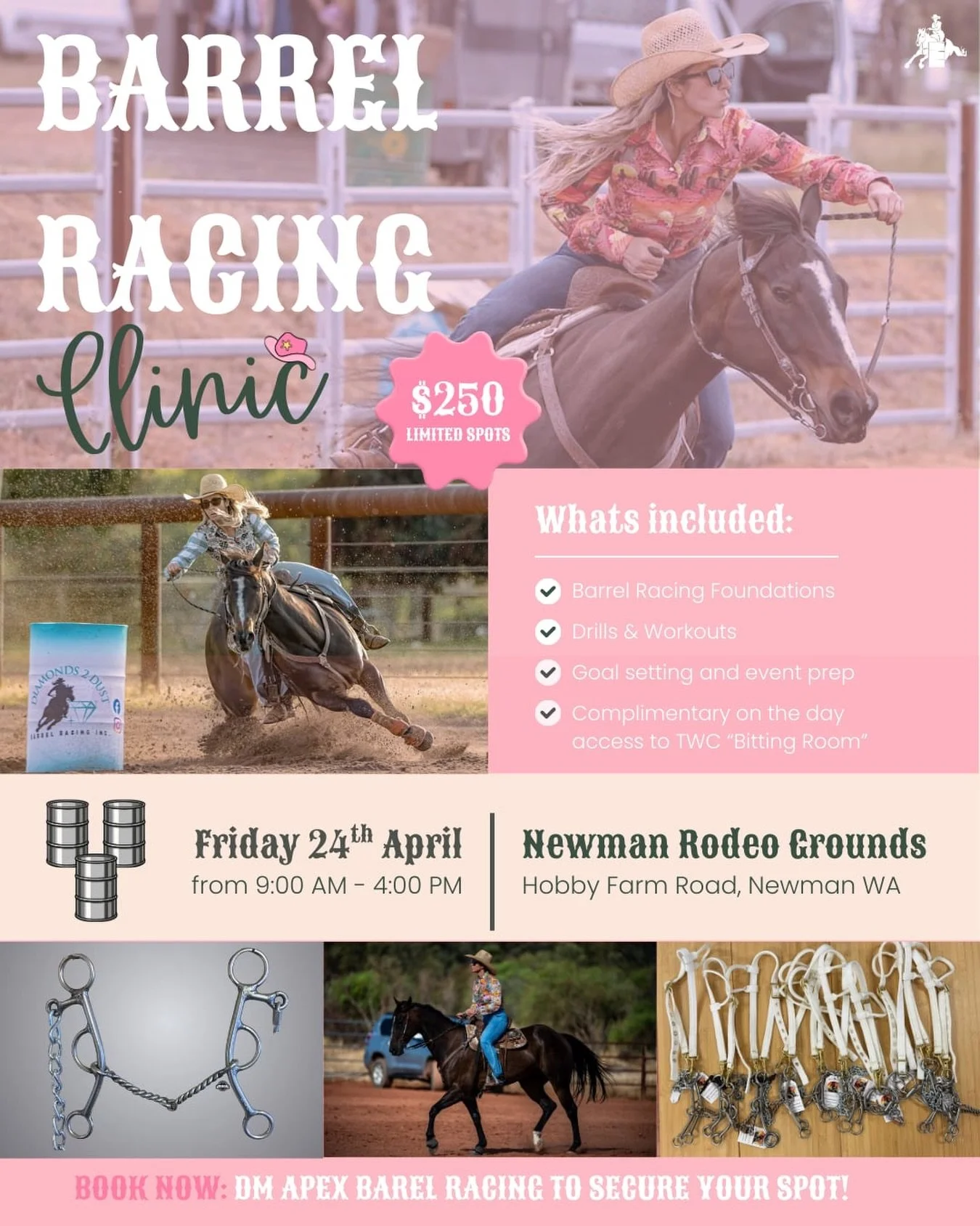 🏜️ Newman Barrel Racing Clinic 🏜️

Join us for a fun day learning all things barrel racing! 

We are blessed with the opportunity to host an intimate clinic the day before our Red Dirt Darlin&rsquo; Jackpot. 

📆WHERE &amp; WHEN:

Friday 24th April
