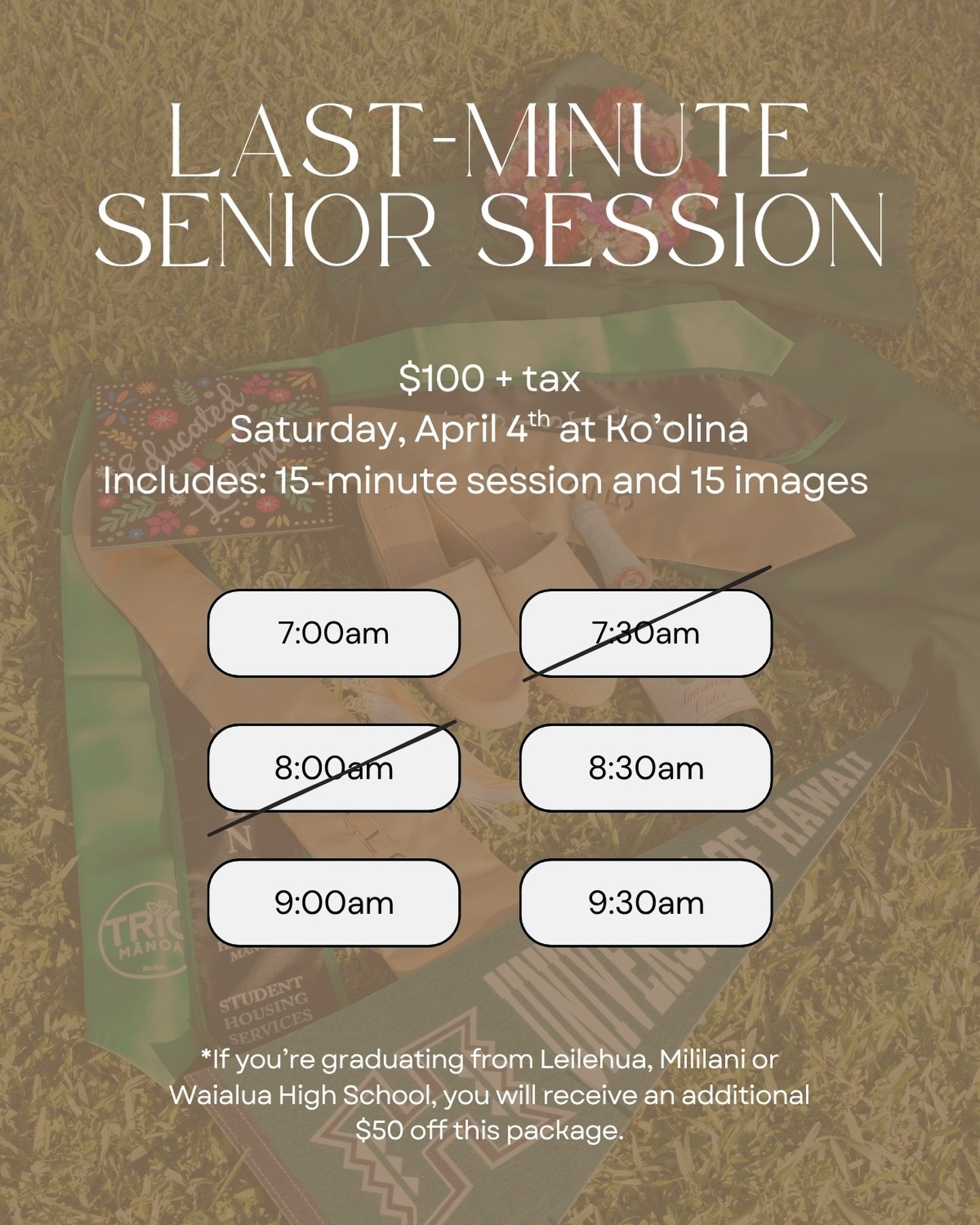 THIS WEEKEND ONLY 🎉

Last chance to snag this $100 deal &amp; if you&rsquo;re graduating from Leilehua, Waialua or Mililani, you&rsquo;ll receive an additional $50 off 🙌🏽

Send this to a senior you know 💌📸

#graduation #hawaiischool #hawaiiphoto