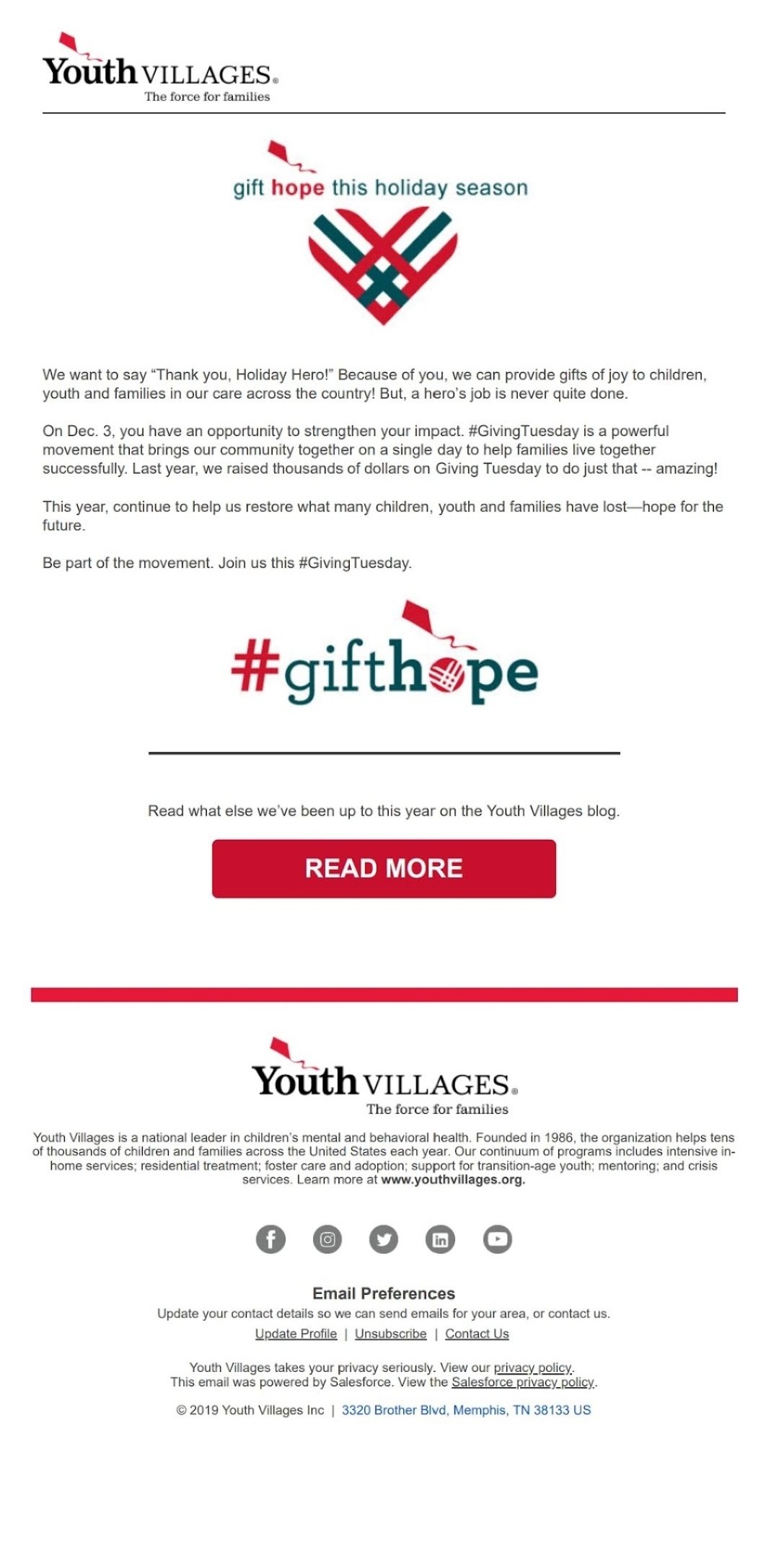 #gifthope email | Youth Villages 2019