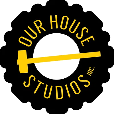 Logo of Our House Studios Inc. featuring a black gear shape, yellow hammer, and yellow text.