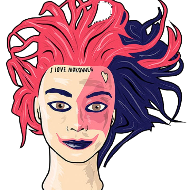 A digital illustration of a woman with pink and dark blue hair, with a tattoo on her forehead saying 'I LOVE MAKONNEN' and a small heart tattoo near her eye.
