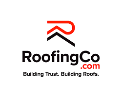 Logo for RoofingCo, featuring a stylized roof with red and black lines, and the text 'RoofingCo.com' with the tagline 'Building Trust. Building Roofs.' in black and red.