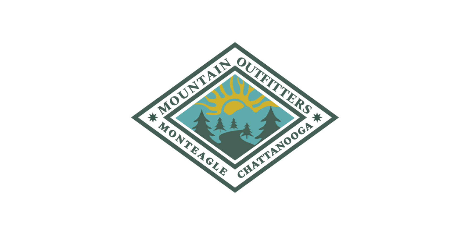 Logo of Mountaineers Outfitters featuring a mountain, pine trees, and a sunrise with the company name around the border.