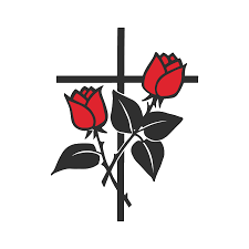 Two red roses with black leaves in front of a black cross.