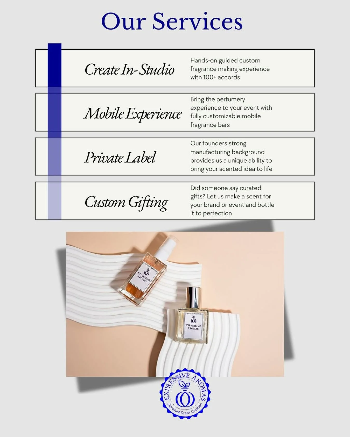 It’s what makes every experience unique and personal.
Not a franchise. Not a trend.
Just real perfumery, real people, and experiences made to smell incredible.
Corporate events | Mobile fragrance bars | In-studio experiences | Private label man