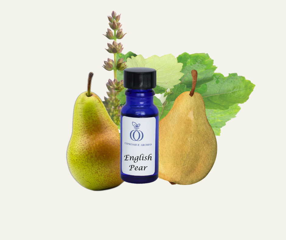 Blue “English Pear” fragrance bottle from Expressive Aromas displayed with whole and sliced pears, green leaves, and soft botanical accents.