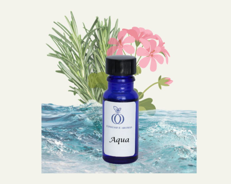 A small blue bottle labeled 'Aqua' amidst ocean waves, with rosemary greenery and soft pink flowers.