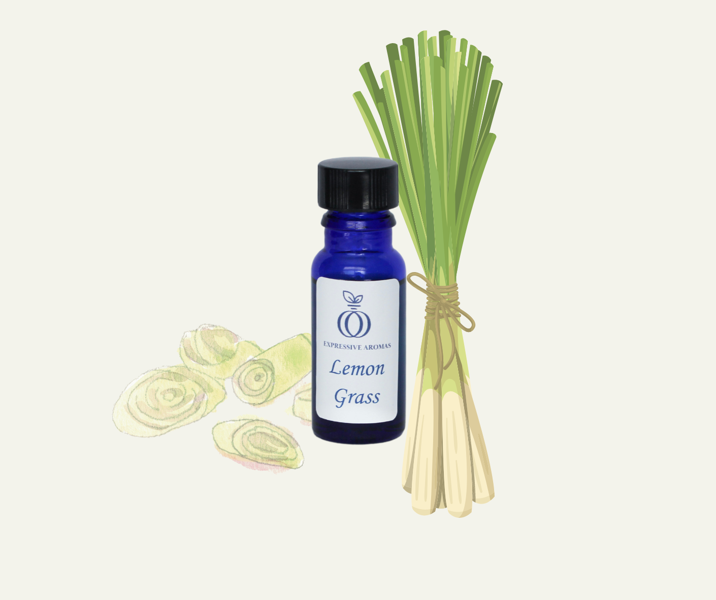 A bottle of lemon grass essential oil with a bunch of fresh lemon grass bundles tied with string and a few lemon grass slices laid on a light background.