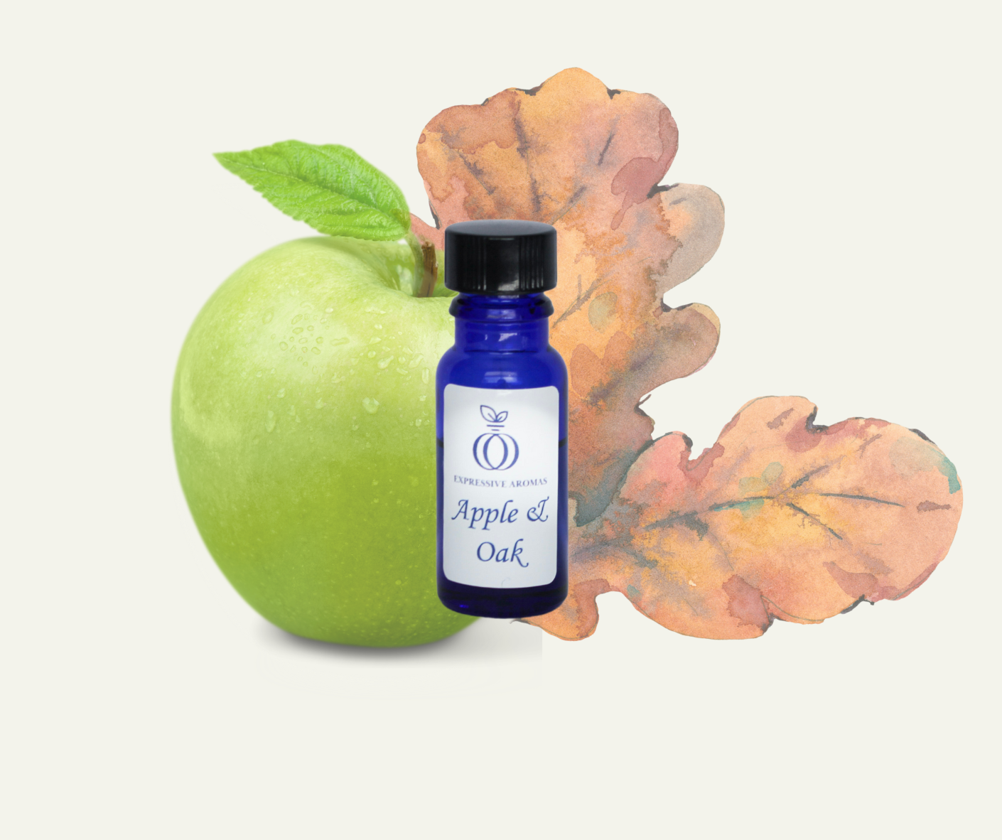 A green apple with a leaf, a bottle labeled 'Apple & Oak,' and a watercolor illustration of an oak leaf in the background.