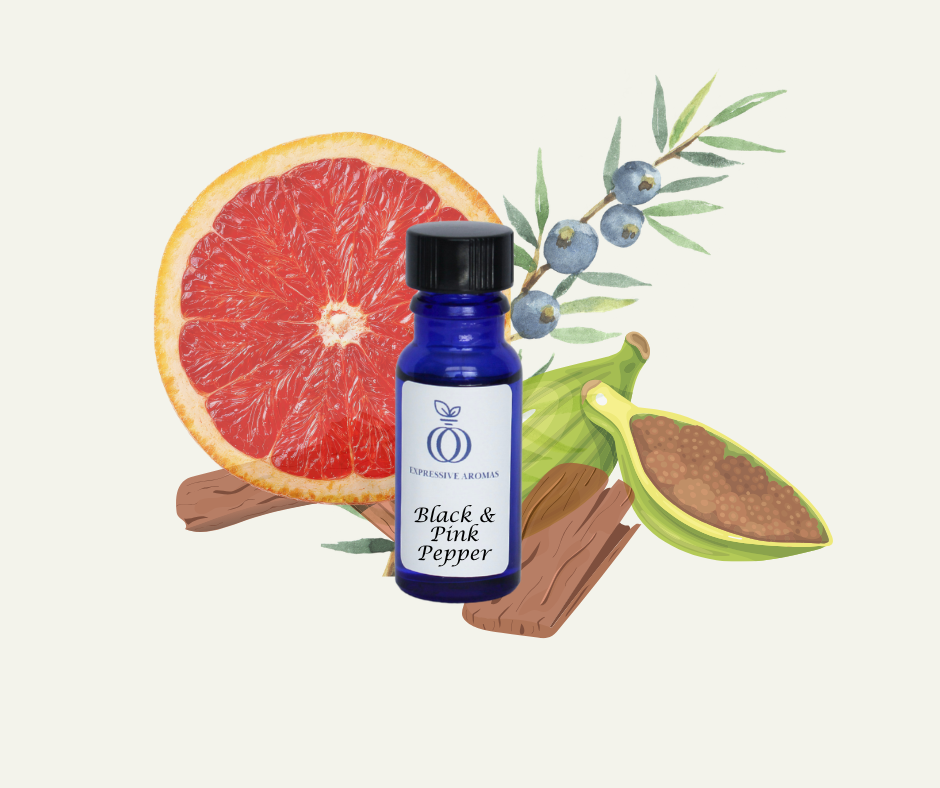 Blue “Black & Pink Pepper” fragrance bottle from Expressive Aromas surrounded by a fresh grapefruit slice, peppercorns, and woody elements