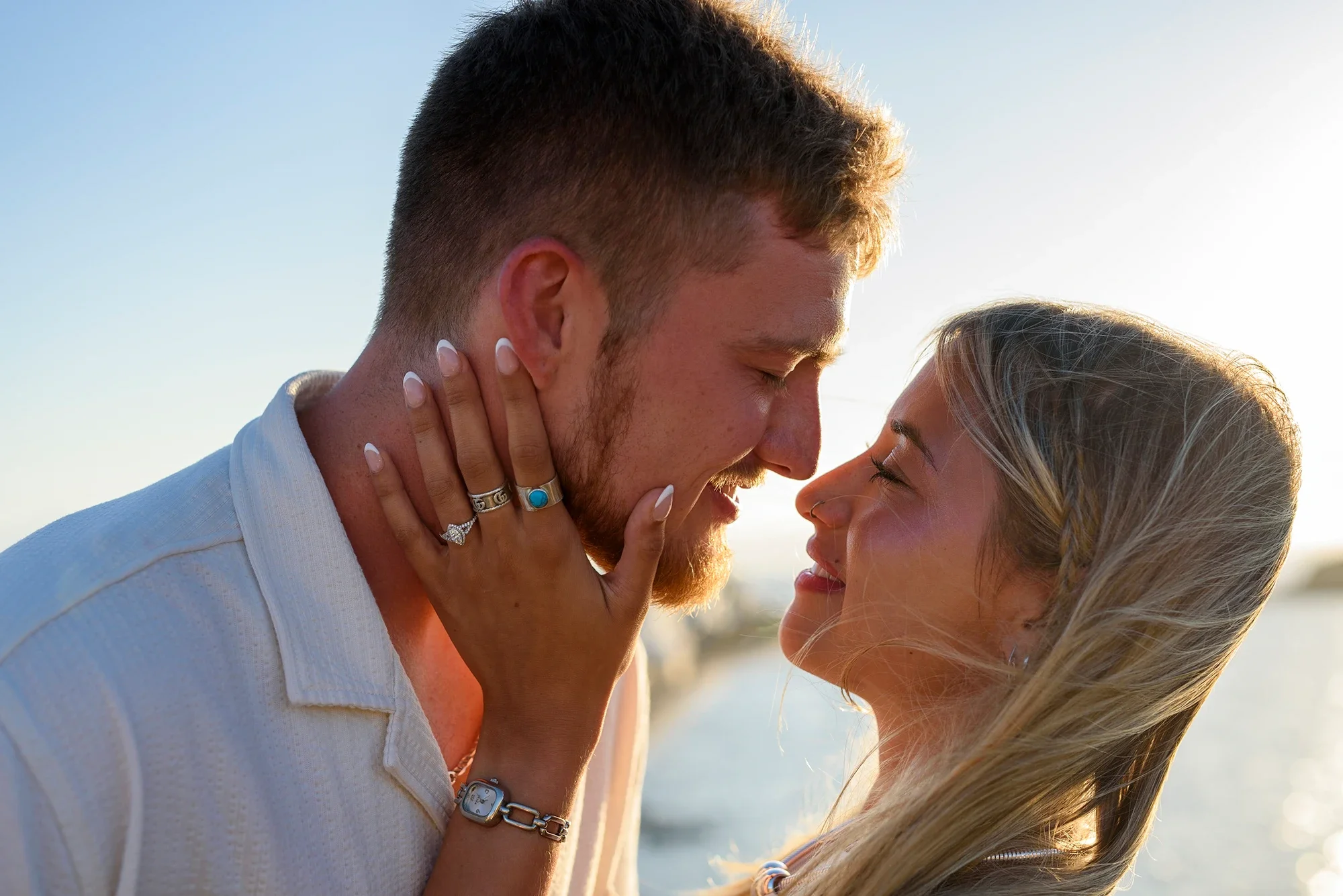 Close up of newly engaged couple smiling after a proposal in Naxos