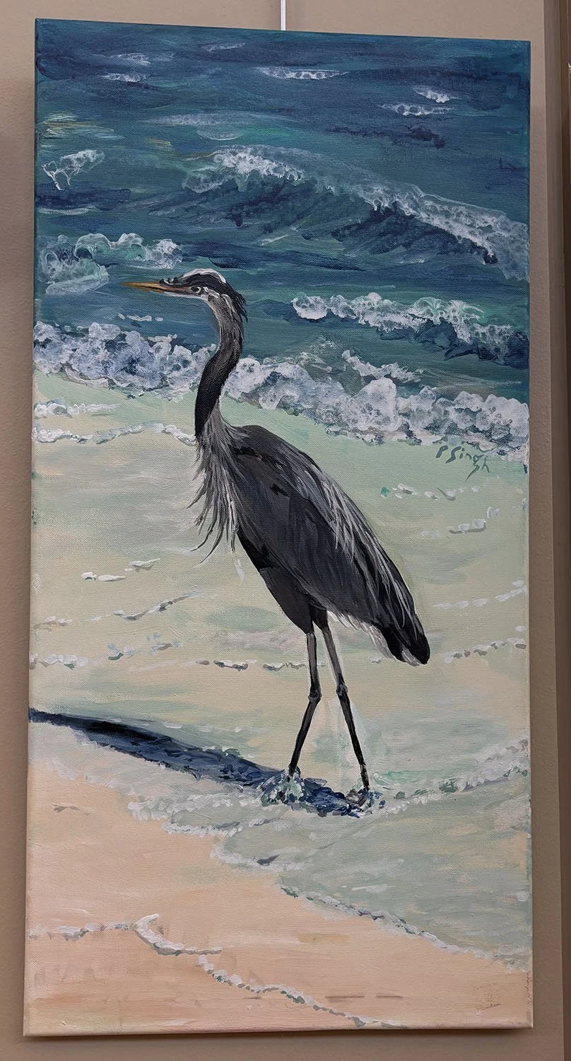 Fred, Johnson Beach;
created by Patricia Singh,
Acrylic,
30” x 15”,
$400