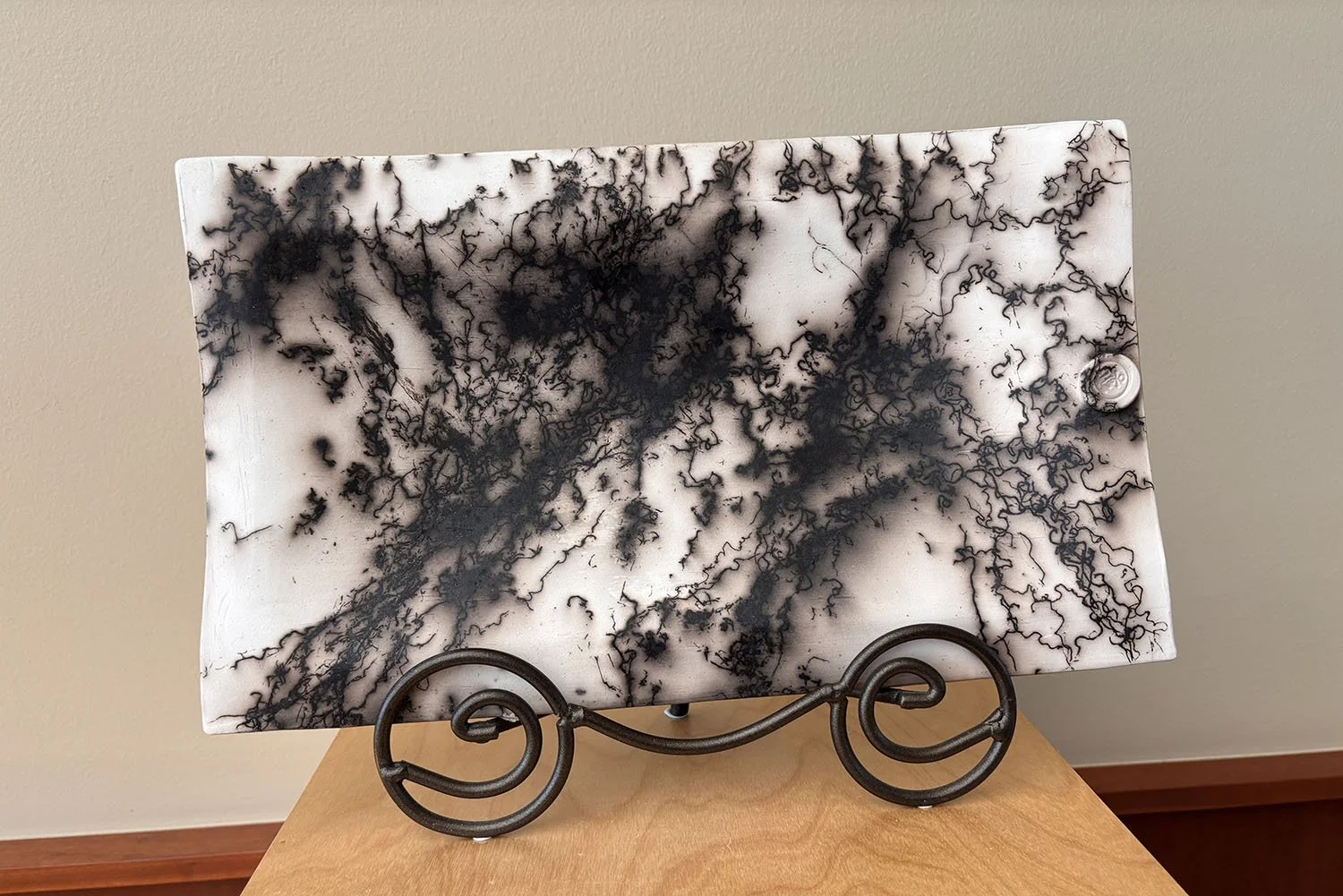 Horsehair Platter w/Vintage Stand,
created by Janet Cross,
Raku,
$185