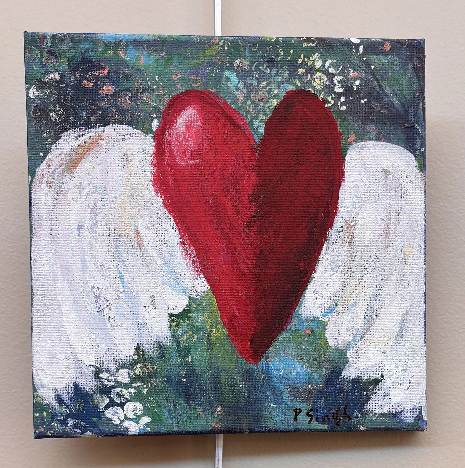 My Winged Heart,
created by Patricia Singh,
Acrylic /Gelli Print on Canvas,
8” x 8",
$55