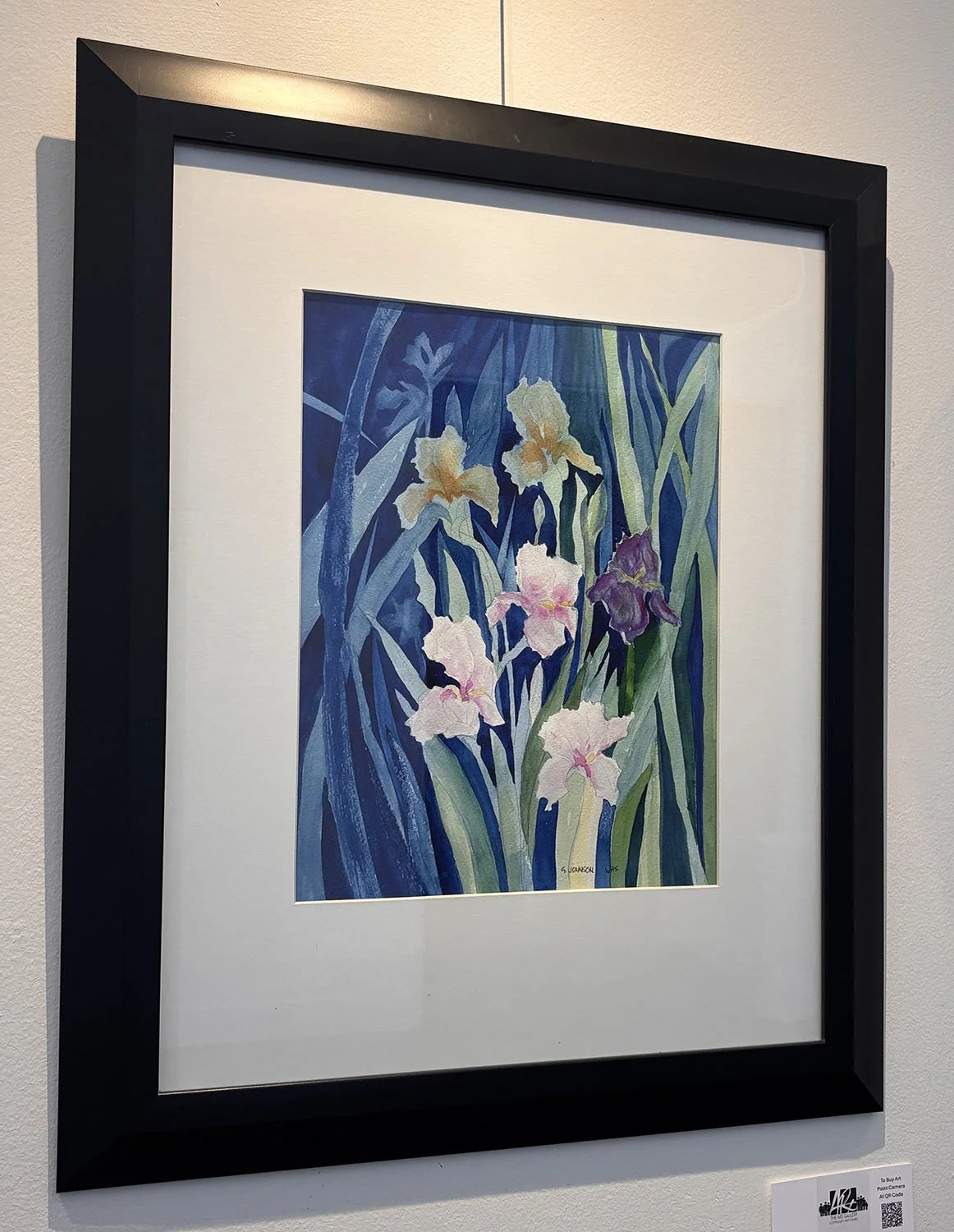 "Irises In Shadow" by Gary Johnson.  Watercolor,  16” x 20”.  $229.