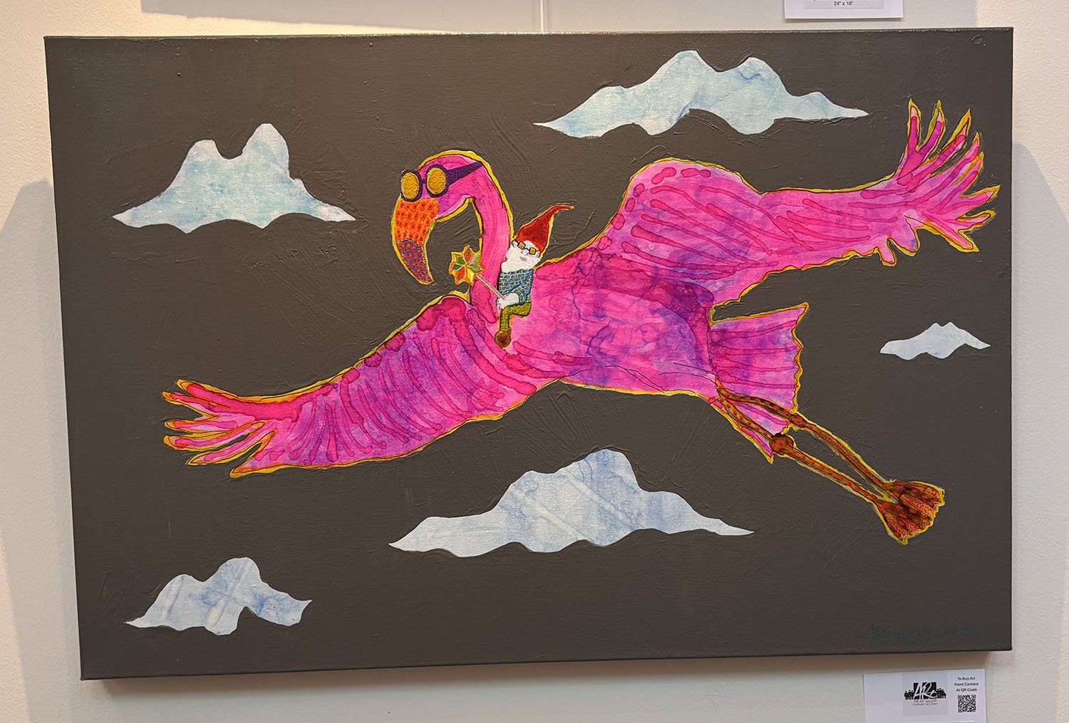 "Yard Art on Vacation" by Melissa Milton. Alcohol inks & acrylic paint on canvas, 20” x 30”.  $375