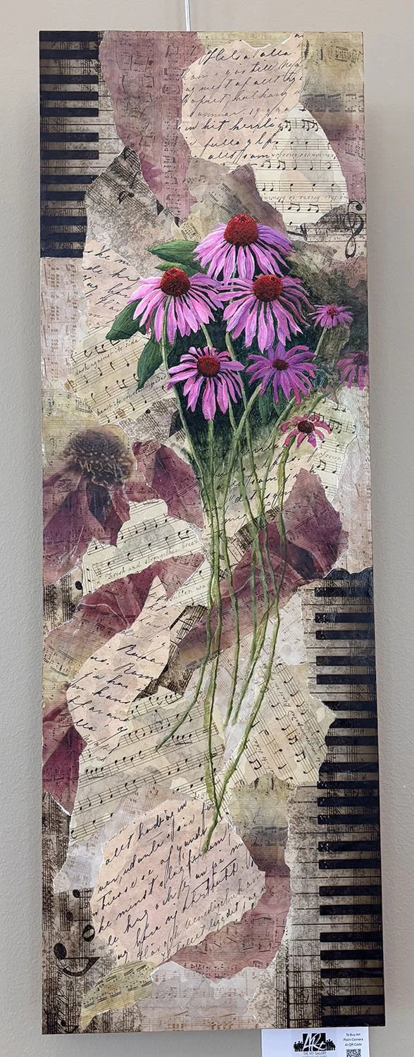 Floral Symphony,
created by Shari Short,
Mixed Media and Acrylics on Hardboard,
12” x 36”,
$400
