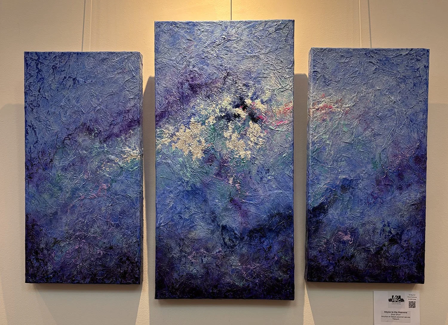 "Abyss to the Heavens" by Shari Short. Acrylics on tissue papered canvas, 
Triptych.  $450 (for all three).
