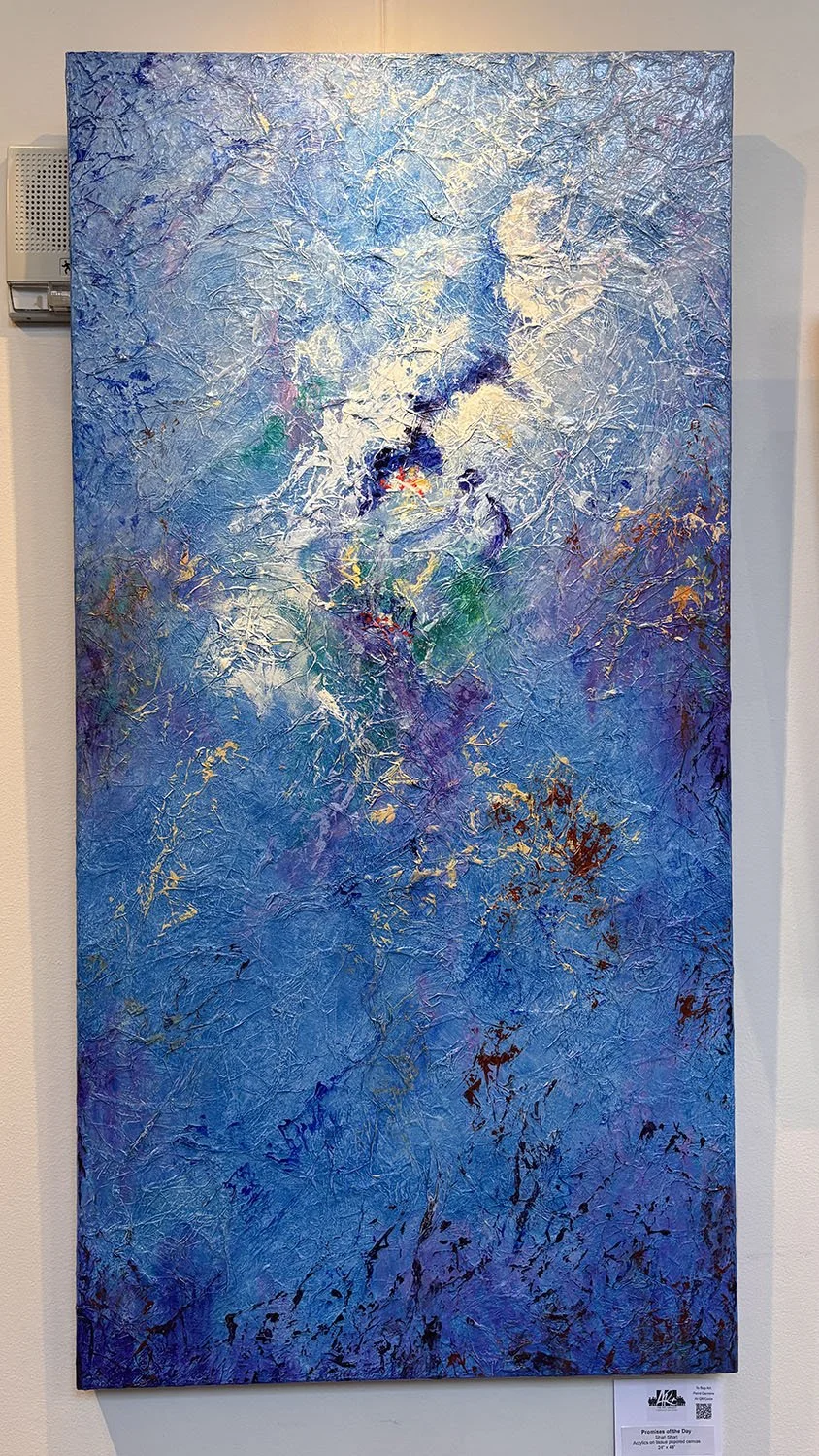 "Promises of the Day" by Shari Short. Acrylics on tissue papered canvas, 24” x 48”.  $600.