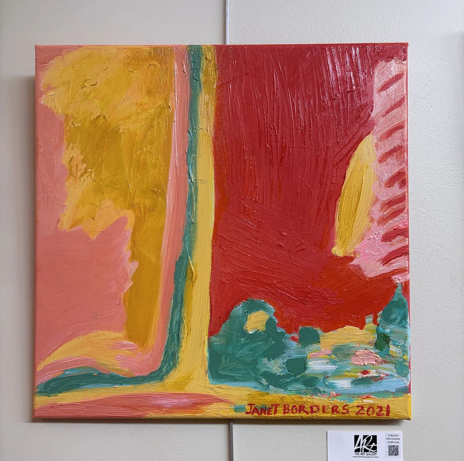 Blue, Green Yellow Sitting in a Square,
Janet Borders.
Oil on canvas.
20” x 20”.
$219.