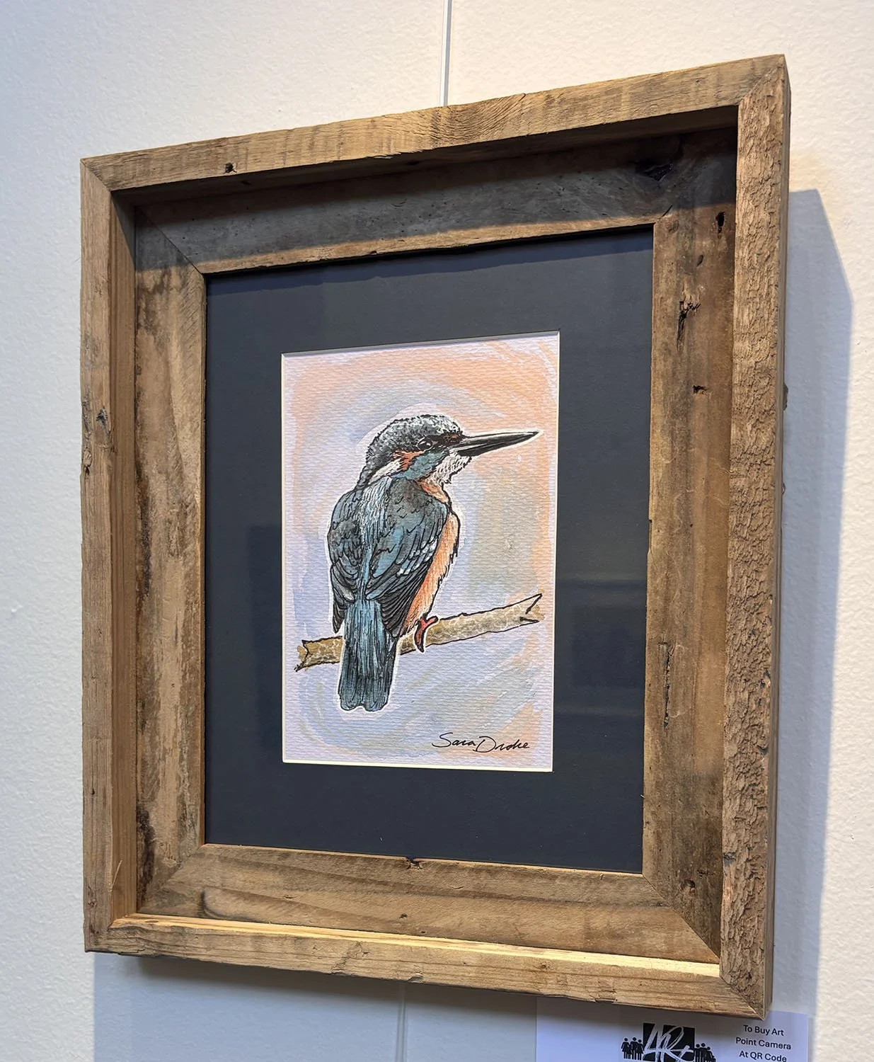 "Kingfisher" by Sara Droke. Watercolor, colored pencil & ink.  5” x 7”.  $120.